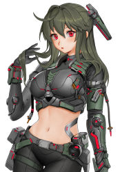 Rule 34 | 1girl, absurdres, ahoge, armor, belt, black pants, breasts, cowboy shot, devil lo, green hair, hair ornament, hairclip, headgear, highres, audio jack, long hair, looking at viewer, medium breasts, midriff, navel, open mouth, original, pants, playing with own hair, red eyes, science fiction, simple background, solo, white background