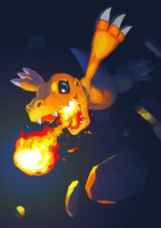 Rule 34 | agumon, breath weapon, breathing fire, digimon, digimon (creature), fire, fireball, jumping, no humans, open mouth, rock, rubble, simple background, sin-nos
