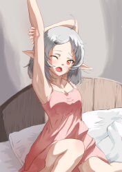 Rule 34 | 1girl, ahoge, arm up, bed, commentary request, elf, highres, indoors, looking at viewer, medium hair, mushoku tensei, nightgown, on bed, one eye closed, open mouth, pink nightgown, pointy ears, red eyes, solo, stretching, syagare, sylphiette (mushoku tensei), waking up, white hair