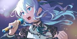 Rule 34 | 1girl, black choker, blue eyes, blue hair, blue ribbon, choker, clenched hand, earrings, floating hair, frills, gradient background, hair ornament, holding, holding microphone stand, hololive, hoshimachi suisei, hoshimachi suisei (streetwear), jewelry, lens flare, long hair, memetaroh, microphone stand, music, nail polish, neck ribbon, open mouth, orange background, orange nails, purple background, ribbon, singing, solo, star (symbol), star hair ornament, star in eye, symbol in eye, upper body, v-shaped eyebrows, virtual youtuber