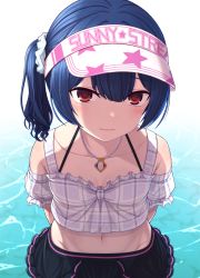 Rule 34 | 1girl, arms behind back, bare shoulders, black skirt, blue hair, blush, closed mouth, collarbone, cowboy shot, from above, groin, gurena, hair between eyes, hair ornament, hair scrunchie, highres, idolmaster, idolmaster shiny colors, jewelry, looking at viewer, morino rinze, navel, necklace, red eyes, scrunchie, short hair, side ponytail, skirt, solo, swimsuit, visor cap, water, wavy mouth
