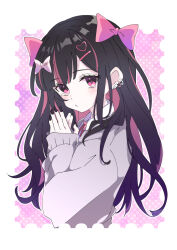 Rule 34 | 1girl, black hair, black nails, bow, closed mouth, collared shirt, ear piercing, hair bow, ixy, light blush, long hair, long sleeves, looking at viewer, multicolored hair, original, own hands together, piercing, pink hair, shirt, solo, streaked hair, sweater, upper body