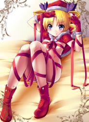 Rule 34 | 1girl, arm up, blonde hair, blue eyes, blush, boots, breasts, capelet, drill hair, gloves, hat, koihime musou, lying, naked ribbon, on back, red gloves, red ribbon, ribbon, santa hat, solo, sousou (koihime musou), twin drills, twintails, underboob, yuu sagi