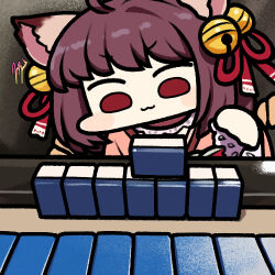 Rule 34 | 1girl, :3, animal ears, bell, brown hair, cat ears, chibi, closed mouth, commentary request, hair bell, hair ornament, hair ribbon, ichihime, japanese clothes, jazz jack, jingle bell, kimono, lowres, mahjong, mahjong soul, mahjong tile, medium bangs, photo-referenced, pink kimono, red eyes, red ribbon, ribbon, short hair, smile, solo, upper body