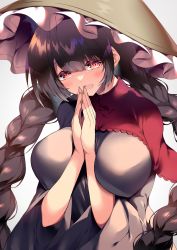 Rule 34 | 1girl, ajirogasa, black hair, blush, braid, breasts, capelet, dress, grey dress, hat, highres, large breasts, long hair, long sleeves, open mouth, red capelet, red eyes, sakurame, simple background, smile, solo, touhou, twin braids, upper body, white background, wide sleeves, yatadera narumi