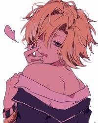 Rule 34 | 10s, 1boy, amo (yellowpink a), back, bare shoulders, blonde hair, blue eyes, diabolik lovers, fang, from behind, hair over one eye, half-closed eyes, hand on own face, heart, licking lips, looking at viewer, male focus, mukami kou, naughty face, pink theme, school uniform, simple background, solo, tongue, tongue out, undressing, uniform, upper body, white background, wristband