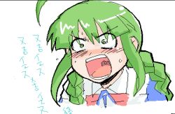 Rule 34 | 1girl, ahoge, angry, blush, braid, green eyes, green hair, lowres, matching hair/eyes, me-tan, oekaki, os-tan, portrait, shouting, sign, simple background, solo, sweatdrop, text focus, translation request, upper body, warning sign, white background