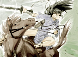 Rule 34 | 1girl, 3 (artist), black eyes, black hair, blade, horse, horseback riding, quiver, reins, riding, shadow of the colossus, solo, sun-3, sword, tail, weapon