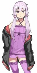 Rule 34 | 1girl, blush, cowboy shot, dress, half-closed eyes, hand in pocket, hood, hoodie, long sleeves, looking at viewer, low twintails, off shoulder, purple dress, purple eyes, purple hair, purple thighhighs, short hair with long locks, simple background, smile, smug, solo, standing, thighhighs, twintails, vocaloid, voiceroid, white background, yu 65026, yuzuki yukari