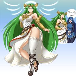 Rule 34 | 2girls, absurdres, angry, bare shoulders, blue background, blue eyes, blue hair, bracer, breasts, closed eyes, closed mouth, collar, dress, fingerless gloves, fire emblem, fire emblem awakening, full body, gloves, gradient background, green eyes, green hair, high heels, highres, kid icarus, kyelyn, large breasts, legs, long hair, long sleeves, looking at viewer, lucina (fire emblem), matching hair/eyes, multiple girls, nintendo, no panties, palutena, parted bangs, side slit, single thighhigh, smile, speech bubble, standing, strapless, super smash bros., thighhighs, tiara, turtleneck, two-tone background, very long hair, white background, white dress, white legwear