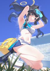 Rule 34 | 1girl, absurdres, animal ears, armpits, black eyes, black hair, blue archive, blue skirt, blue sky, cheerleader, dog ears, dog girl, dog tail, erory6 (ro), eyewear on head, halo, hibiki (blue archive), hibiki (cheer squad) (blue archive), highres, kneeling, long hair, looking at viewer, midriff, millennium cheerleader outfit (blue archive), navel, outdoors, shoes, skirt, sky, sneakers, sunglasses, sweat, tail, thighs, two-tone skirt, white footwear, white skirt