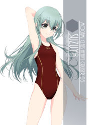 Rule 34 | 1girl, alternate breast size, aqua eyes, aqua hair, armpits, arms up, artist name, brown one-piece swimsuit, character name, commentary request, competition swimsuit, contrapposto, cowboy shot, flat chest, hair ornament, hairclip, highres, inaba shiki, kantai collection, long hair, looking at viewer, one-hour drawing challenge, one-piece swimsuit, pale skin, smile, solo, standing, suzuya (kancolle), swimsuit