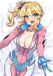 Rule 34 | 1girl, :d, aqua eyes, blonde hair, blue gloves, bodysuit, breasts, butterfly hair ornament, butterfly necklace, cleavage, collarbone, commentary request, covered erect nipples, cowboy shot, dolphin wave, gloves, hair between eyes, hair ornament, hand up, high collar, high ponytail, highres, horoki69, izumi kiri, jewelry, large breasts, light blush, long sleeves, looking at viewer, medium hair, multicolored clothes, multicolored gloves, necklace, open mouth, outstretched arms, partially unzipped, pendant, pink bodysuit, pink gloves, side ponytail, sidelocks, smile, solo, splashing, standing, thigh gap, two-tone bodysuit, w, water drop, wet, white background, white bodysuit