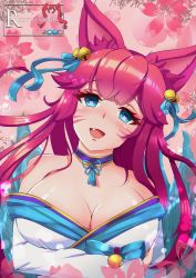 Rule 34 | 1girl, absurdres, ahri (league of legends), alternate hair color, animal ears, artist request, bell, blue tail, breast hold, breasts, cleavage, commentary, english commentary, facial mark, fang, fox ears, fox tail, hair bell, hair ornament, heart, heart-shaped pupils, highres, huge filesize, korean clothes, kyuubi, large breasts, league of legends, looking at viewer, low neckline, multiple tails, off shoulder, open mouth, solo, spirit blossom ahri, symbol-shaped pupils, tail, vastaya, whisker markings