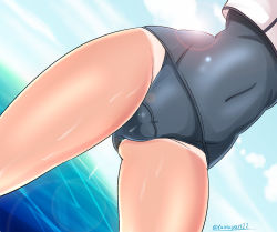Rule 34 | 10s, 1girl, backlighting, blue sky, blue one-piece swimsuit, close-up, commentary request, covered navel, crop top, day, gluteal fold, kantai collection, legs apart, lens flare, lower body, ocean, one-piece swimsuit, outdoors, ro-500 (kancolle), school swimsuit, sky, solo, standing, sunlight, sweat, swimsuit, swimsuit under clothes, tamayan, tan, tanline, thighs, twitter username, water