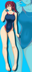 Rule 34 | 10s, 1girl, absurdres, barefoot, blue background, blush, competition swimsuit, free!, highres, long hair, matsuoka gou, nail polish, nosshi, one-piece swimsuit, ponytail, red eyes, red hair, solo, swimsuit, toenail polish, toenails, zoom layer
