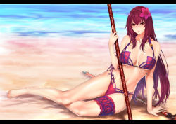 Rule 34 | 1girl, adapted costume, arm at side, arm support, bare arms, bare shoulders, bikini, breasts, cleavage, collarbone, day, fate/grand order, fate (series), fingernails, flower, gae bolg (fate), hair between eyes, hair flower, hair intakes, hair ornament, hand up, hibiscus, highres, holding, holding weapon, jewelry, large breasts, legs together, letterboxed, lips, long fingernails, long hair, looking at viewer, lying, makeup, nail polish, navel, on side, outdoors, parted lips, pink bikini, pink flower, pink lips, pink nails, planted, planted spear, polearm, purple bikini, purple hair, red eyes, scathach (fate), scathach (fate/grand order), scathach (swimsuit assassin) (fate), sidelocks, sitting, smile, solo, spear, stomach, strap gap, string bikini, swimsuit, underboob, very long hair, water, weapon, yokozuwari, zucchini