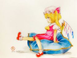 Rule 34 | 1girl, arm support, blonde hair, blush, crystal, dress, flandre scarlet, from side, hat, highres, looking ahead, mob cap, one side up, outstretched leg, pillow, pink eyes, profile, q-bee (aaru), red dress, short hair with long locks, simple background, sitting, solo, touhou, traditional media, white background, wings