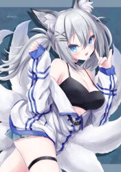 Rule 34 | 1girl, alternate costume, animal ear fluff, animal ears, belt, black choker, blue background, blue eyes, blue nails, blue skirt, breasts, choker, cleavage, cowboy shot, fox ears, fox girl, fox shadow puppet, fox tail, grey hair, hair between eyes, hair ornament, hairclip, hands up, head tilt, highres, inari iroha, jacket, long hair, looking at viewer, medium breasts, microskirt, multiple tails, noripro, nuinuniki, open mouth, pleated skirt, skirt, sleeves past wrists, smile, solo, spaghetti strap, sports bra, tail, thigh strap, twintails, twitter username, virtual youtuber, white jacket