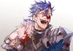 Rule 34 | 1boy, armor, blood, blood on face, blood on clothes, blue hair, choker, cu chulainn (fate), cu chulainn (fate/prototype), closed eyes, fangs, fate/prototype, fate (series), fur, grin, highres, jewelry, laughing, long hair, male focus, necklace, open mouth, pauldrons, ponytail, ryousuke (tukr5384), shoulder armor, simple background, smile, solo, spiked hair, white background