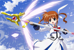Rule 34 | 00s, 1girl, blue sky, bow, brown hair, casing ejection, cloud, day, energy wings, fingerless gloves, gloves, hair ribbon, izuno kenta, lyrical nanoha, magazine (weapon), magical girl, mahou shoujo lyrical nanoha, mahou shoujo lyrical nanoha a&#039;s, open mouth, planet, purple eyes, raising heart, red bow, red hair, ribbon, shell casing, short twintails, sky, solo, takamachi nanoha, takamachi nanoha (sacred mode), twintails