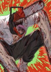 Rule 34 | 1boy, absurdres, black pants, blood, chainsaw, chainsaw man, collared shirt, denji (chainsaw man), highres, monster boy, open clothes, open mouth, open shirt, pants, sharp teeth, shirt, shoes, sneakers, solo, take978733141, teeth, tongue, tongue out, white footwear, white shirt