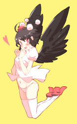 Rule 34 | 1girl, ahoge, bad id, bad pixiv id, bird wings, black hair, blush, breasts, collared shirt, full body, geta, hat, heart, highres, looking at viewer, medium breasts, midriff, navel, no pants, non (z-art), open mouth, panties, pom pom (clothes), red eyes, shameimaru aya, shirt, short hair, simple background, smile, solo, tengu-geta, thighhighs, tokin hat, touhou, underwear, white panties, white thighhighs, wings, yellow background