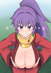 Rule 34 | 1girl, arc the lad, blush, grabbing another&#039;s breast, breasts, clothes, ear piercing, female focus, grabbing, grabbing own breast, highres, kaz (shade), kukuru (arc the lad), large breasts, long hair, looking at viewer, piercing, ponytail, purple hair, smile, solo