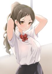 Rule 34 | 1girl, :o, absurdres, arms up, b1ack illust, black skirt, bow, bowtie, breasts, brown hair, highres, idolmaster, idolmaster million live!, kitazawa shiho, large breasts, looking at viewer, pleated skirt, ponytail, school uniform, shirt, skirt, solo, striped bow, striped bowtie, striped clothes, white shirt