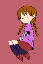 Rule 34 | 1girl, black socks, braid, brown hair, closed eyes, closed mouth, expressionless, facing viewer, hands on lap, highres, ike (soramushix3), kneehighs, knees up, long hair, long sleeves, low twin braids, madotsuki, own hands together, pink sweater, print sweater, red background, red footwear, red skirt, shoes, signature, simple background, skirt, socks, solo, sweater, turtleneck, turtleneck sweater, twin braids, yume nikki