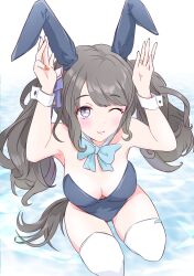 Rule 34 | 1girl, ;), absurdres, alternate costume, animal ears, blue bow, blue bowtie, bow, bowtie, breasts, brown hair, cleavage, detached collar, fake animal ears, from above, funamori, grey eyes, hair bow, highres, horse girl, large breasts, leotard, long hair, looking at viewer, medium breasts, one eye closed, playboy bunny, purple bow, rabbit ears, smile, solo, strapless, strapless leotard, thighhighs, tosen jordan (umamusume), twintails, umamusume, white thighhighs, wrist cuffs