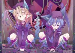 Rule 34 | 2girls, alternate costume, animal ears, bad id, bad pixiv id, bat wings, blonde hair, blue hair, cat ears, cat girl, cat tail, choker, closed eyes, extra ears, fang, female focus, flandre scarlet, gothic lolita, gradient hair, hat, intertwined tails, kemonomimi mode, lolita fashion, multicolored hair, multiple girls, one eye closed, open mouth, pet play, petals, pointy ears, purple eyes, remilia scarlet, rose petals, shunsuke, siblings, sisters, socks, squatting, striped clothes, striped legwear, striped socks, tail, touhou, v arms, wings, wink