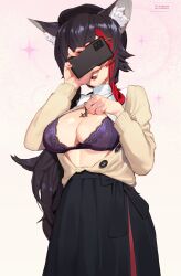 Rule 34 | 1girl, animal ear fluff, animal ears, black hair, black skirt, bra, breasts, brown cardigan, cardigan, cellphone, cleavage, clothes lift, covering own eyes, fang, highres, holding, holding phone, hololive, kollerss, large breasts, lifted by self, long hair, multicolored hair, ookami mio, ookami mio (street), open cardigan, open clothes, phone, purple bra, red hair, red nails, shirt lift, skirt, smartphone, solo, streaked hair, underwear, very long hair, virtual youtuber, wolf ears