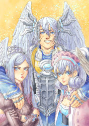 Rule 34 | 1boy, 2girls, arm around shoulder, breasts, brother and sister, crossed arms, family portrait, grin, hair between eyes, hat, head wings, highres, jewelry, kallian antiqua, lips, looking at viewer, medium breasts, melia antiqua, multiple girls, ring, scowl, siblings, silver hair, sisters, smile, tyrea (xenoblade), upper body, vvbert, wings, xenoblade chronicles (series), xenoblade chronicles 1, yellow background