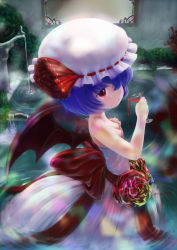 Rule 34 | 1girl, bare shoulders, bat wings, blood, blue hair, bow, breasts, cleavage, cocktail glass, cup, dated, dress, drinking glass, female focus, flower, hair over one eye, hat, highres, light purple hair, nipples, red eyes, remilia scarlet, rose, see-through, short hair, signature, slit pupils, small breasts, solo, stained glass, strapless, strapless dress, touhou, wading, water, wings, zimajiang