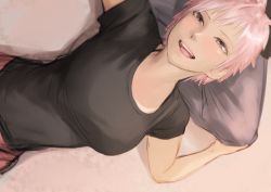 Rule 34 | 1girl, :d, black shirt, blush, breasts, brown eyes, from above, highres, kilye kairi, laughing, looking at viewer, lying, medium breasts, on back, open mouth, original, pillow, pink hair, shirt, short sleeves, smile, solo
