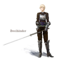Rule 34 | 1girl, androgynous, armor, beato2528, blonde hair, boots, breastplate, german text, gloves, original, red eyes, short hair, solo, standing, sword, text focus, translated, weapon, zweihander