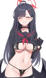 Rule 34 | 1girl, absurdres, ahoge, bikini, bikini under clothes, black bikini, black choker, black gloves, black hair, black serafuku, black shirt, black skirt, blue archive, blush, boneseing, breasts, cameltoe, choker, cleavage, closed eyes, clothes lift, clothes pull, commentary, cowboy shot, gloves, hair ornament, hairclip, halo, highres, ichika (blue archive), large breasts, lifting own clothes, long hair, long sleeves, looking at viewer, low wings, navel, neckerchief, parted bangs, parted lips, red halo, red neckerchief, school uniform, serafuku, shirt, shirt lift, simple background, skirt, skirt pull, smile, solo, standing, stomach, string bikini, sweatdrop, swimsuit, white background, wings