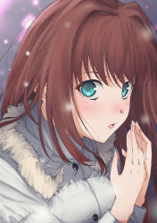 Rule 34 | 1girl, anianiani0607, aozaki aoko, aqua eyes, blush, breath, brown hair, buttons, coat, commentary, fingernails, fur-trimmed coat, fur trim, hair intakes, highres, long hair, long sleeves, looking at viewer, mahou tsukai no yoru, open mouth, own hands together, parted lips, sidelocks, snow, solo, tongue, upper body, very long hair, white coat, winter clothes, winter coat