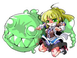 Rule 34 | 1girl, arm warmers, blonde hair, clenched teeth, green eyes, mizuhashi parsee, monster, pointy ears, scarf, shinapuu, short hair, simple background, solo, tears, teeth, touhou