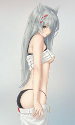 Rule 34 | 1girl, animal ear fluff, animal ears, bare arms, black bra, black panties, bra, braid, breasts, brown eyes, cat ears, cat girl, closed mouth, clothes lift, clothes pull, crop top, from side, grey background, grey hair, highres, lips, looking at viewer, looking to the side, medium breasts, mio (xenoblade), miura-n315, panties, shirt lift, sideboob, simple background, skirt, skirt pull, solo, tank top, underboob, underwear, xenoblade chronicles (series), xenoblade chronicles 3