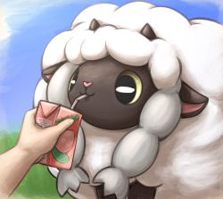 Rule 34 | berry (pokemon), black eyes, blue sky, closed mouth, commentary, creature, creatures (company), day, drinking, drinking straw, english commentary, food, fruit, game freak, gen 8 pokemon, highres, horns, juice box, nintendo, otakuap, peach, pecha berry, pokemon, pokemon (creature), sheep, sky, wooloo