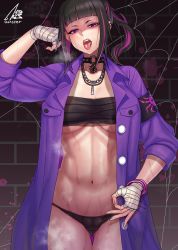 Rule 34 | 1girl, black hair, black panties, breasts, cameltoe, chain, chain necklace, choker, cleavage, gluteal fold, gonster, han juri, highres, jacket, jewelry, looking at viewer, money gesture, multicolored hair, navel, necklace, no pants, official alternate costume, open mouth, panties, ponytail, purple hair, purple jacket, sarashi, solo, spiked choker, spikes, stomach, street fighter, street fighter v, sweat, thigh gap, toned, tongue, tongue out, two-tone hair, underwear
