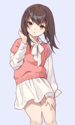 Rule 34 | 1girl, alternate costume, blue background, brown eyes, brown hair, closed mouth, feet out of frame, kantai collection, long sleeves, looking at viewer, mitsuyo (mituyo324), pink shirt, shirt, short hair, simple background, skirt, solo, taihou (kancolle), white shirt, white skirt