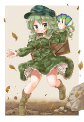 Rule 34 | 1girl, arinu, boots, border, box, breasts, brown footwear, camouflage, camouflage headwear, camouflage shirt, camouflage skirt, card, falling leaves, flat cap, full body, green eyes, green hair, green hat, green shirt, green skirt, grin, hat, highres, holding, holding card, key, leaf, long hair, long sleeves, looking at viewer, medium breasts, outdoors, pocket, shirt, skirt, smile, solo, standing, standing on one leg, stone, touhou, v-shaped eyebrows, white border, yamashiro takane