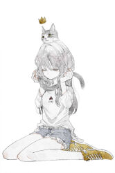 Rule 34 | 1girl, animal, animal on head, bare legs, belt, cat, cat on head, closed eyes, closed mouth, clothes writing, crown, cutoffs, denim, denim shorts, full body, grey hair, hands up, highres, holding, long hair, long sleeves, on head, original, oseto (oxxsexxto), painting (medium), pale skin, shirt, shoes, short shorts, shorts, simple background, sitting, solo, traditional media, wariza, watercolor (medium), white background, white shirt