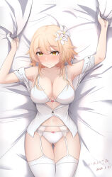 Rule 34 | 1girl, absurdres, bed sheet, blonde hair, blush, bra, breasts, closed mouth, dated, flower, garter belt, genshin impact, hair flower, hair ornament, highres, imaizumi (user yuwf7555), lumine (genshin impact), lying, medium breasts, navel, on back, open clothes, open shirt, panties, partially unbuttoned, sheet grab, shirt, short hair with long locks, sidelocks, signature, solo, thighhighs, underwear, white bra, white flower, white garter belt, white panties, white shirt, white thighhighs, yellow eyes