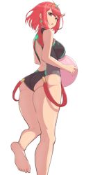 Rule 34 | 1girl, ass, balloon, bare arms, bare legs, bare shoulders, barefoot, breasts, brown eyes, competition swimsuit, cream cod, feet, from behind, large breasts, legs, looking at viewer, looking down, nintendo, one-piece swimsuit, backless swimsuit, pyra (xenoblade), red hair, short hair, simple background, soles, solo, swimsuit, tiara, toes, white background, xenoblade chronicles (series), xenoblade chronicles 2