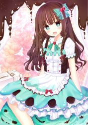 Rule 34 | + +, 1girl, :d, apron, arms at sides, blush, bow, braid, breasts, brown hair, chocolate, detached collar, dirndl, flower, food-themed hair ornament, german clothes, green bow, green eyes, hair bow, hair ornament, hair ribbon, head tilt, heart, layered skirt, long hair, long skirt, looking at viewer, multicolored hair, neck ribbon, official art, open mouth, original, pink hair, puffy short sleeves, puffy sleeves, red ribbon, ribbon, ritacoeri, shirt, short sleeves, sitting, skirt, small breasts, smile, solo, strawberry hair ornament, streaked hair, striped, striped bow, suitcase, twin braids, wavy hair, white shirt, white skirt