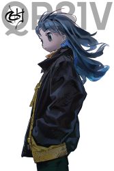 Rule 34 | 1girl, black eyes, black hair, black jacket, black pants, blue eyes, colored inner hair, expressionless, floating hair, from side, head tilt, highres, jacket, long hair, looking ahead, multicolored hair, original, pants, solo, sweater, toy qr81v, white background, yellow sweater